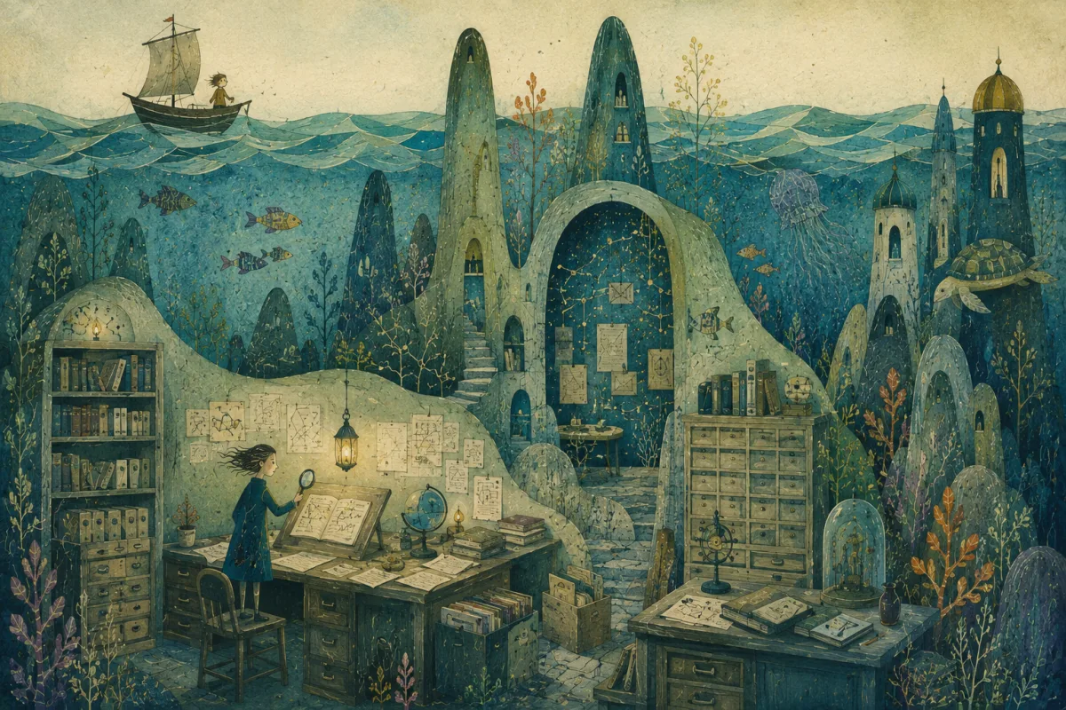 Handgemalte Unterwasserbibliothek, in der eine Forscherin Dokumente und Wissensspuren ordnet.